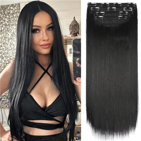 4PCS Clip in Hair Extensions, Black